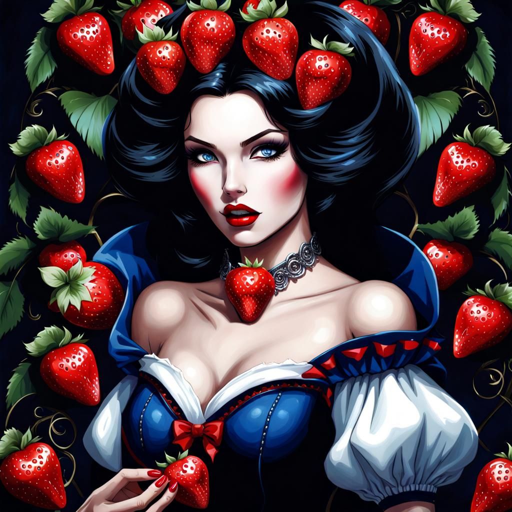 Gothic Snow White with Strawberries, Dark Fantasy Art