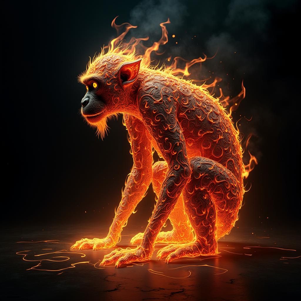 Flaming Spider Monkey in Aztec Biopunk Style