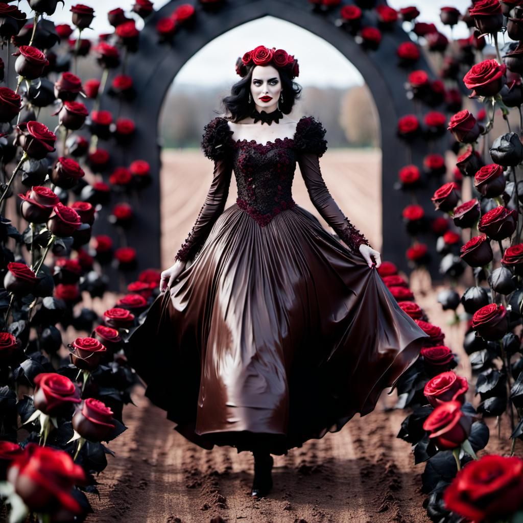 Gothic Girl in Chocolate Dress Among Black Roses