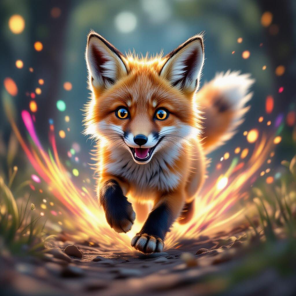 Hyper-Realistic Fox Cub Mid-Leap in Vibrant Energy