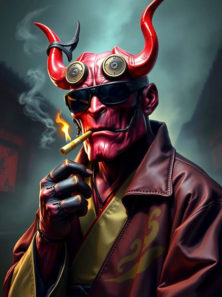 Cyborg Hellboy in Kimono Digital Art