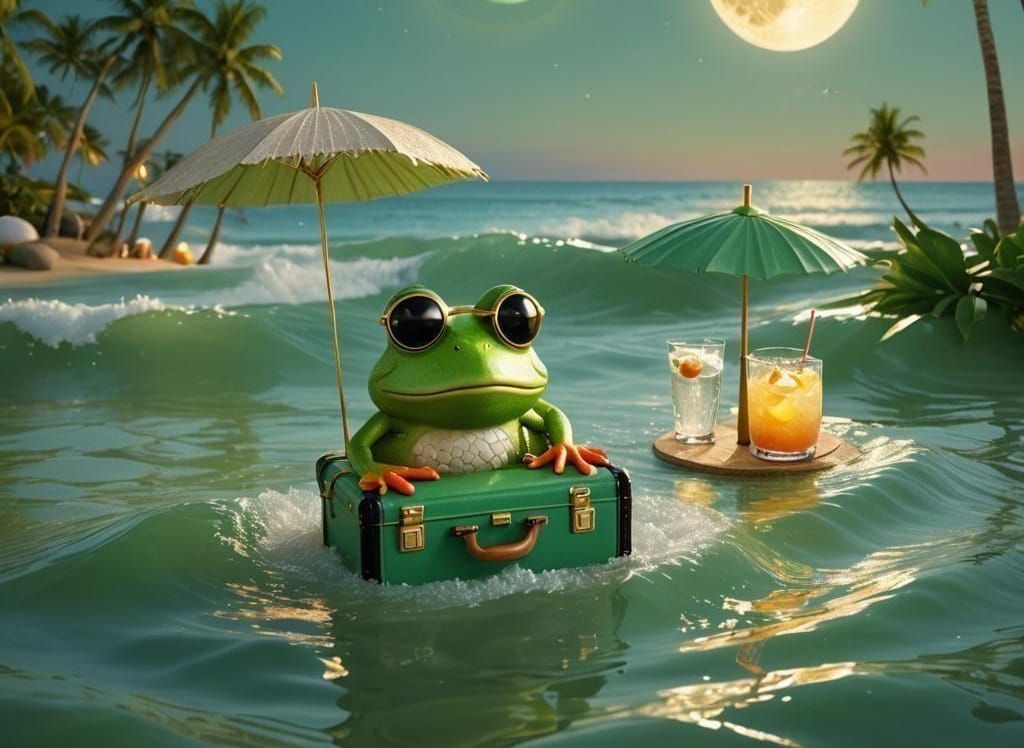 Frog on Coconut in Sparkling Sea: 32K Render