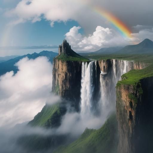 Majestic Waterfall with Rainbow in Dreamlike Landscape