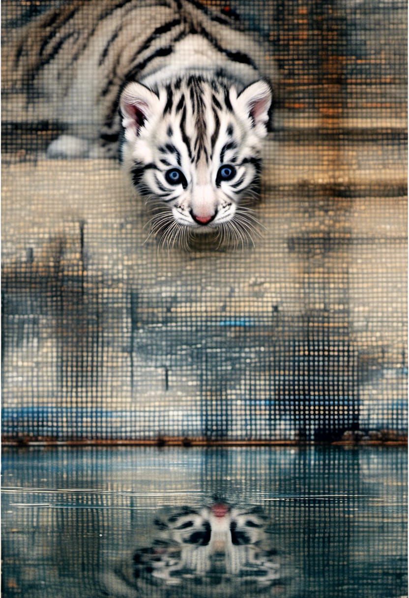 Kitten and White Tiger Reflection Portrait