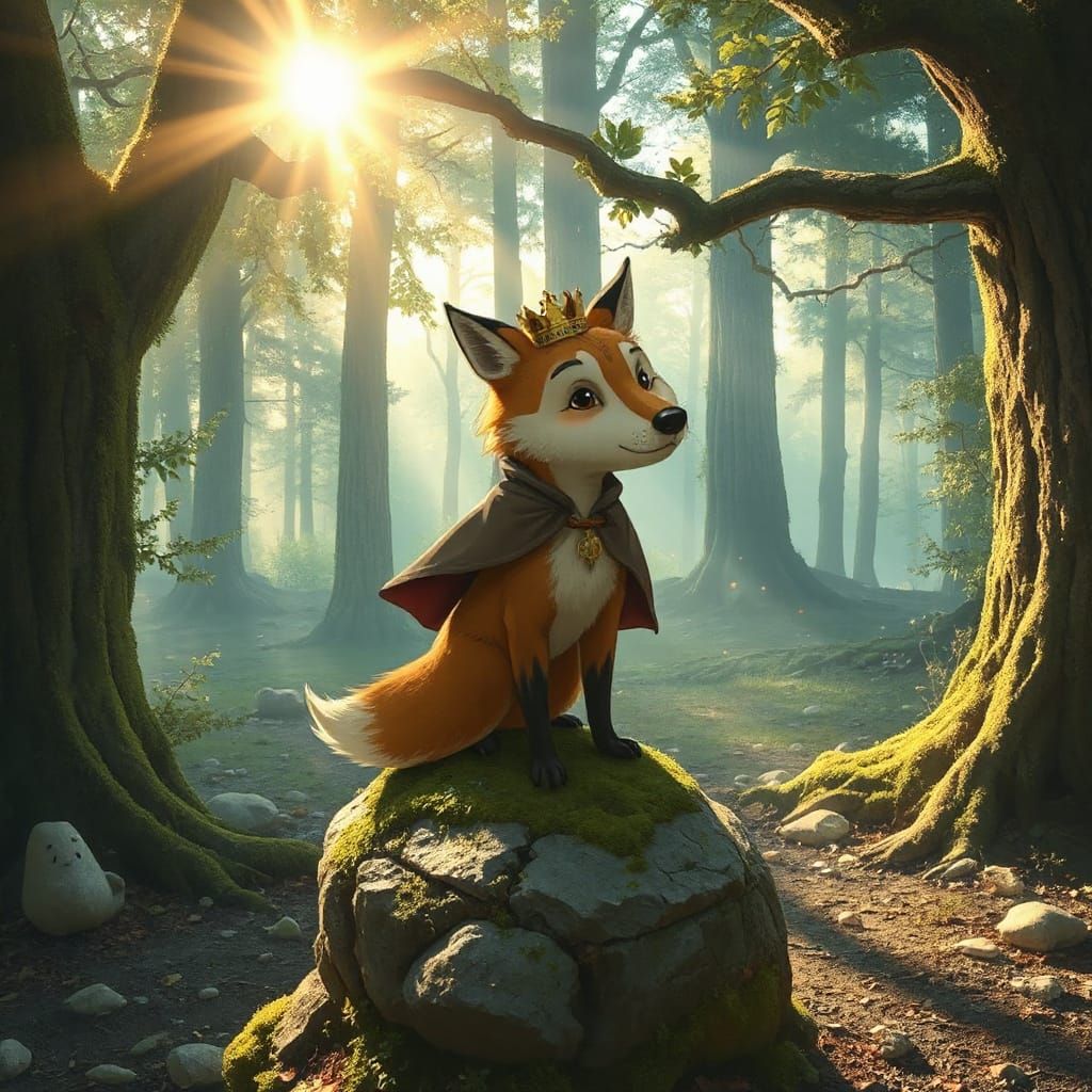 Anthropomorphic Fox King in Enchanted Forest Clearing