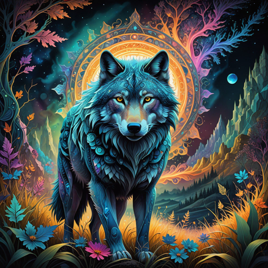 Lone Wolf in Vibrant Dreamscape with Iridescent Fur and Swir...