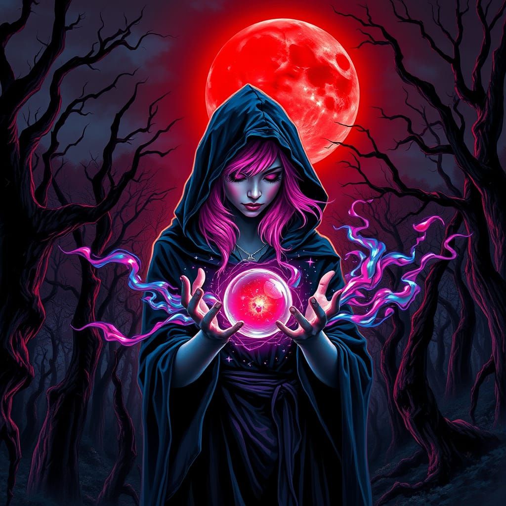 Ethereal Sorceress Unveils Blazing Magic Beneath a Crimson M...
