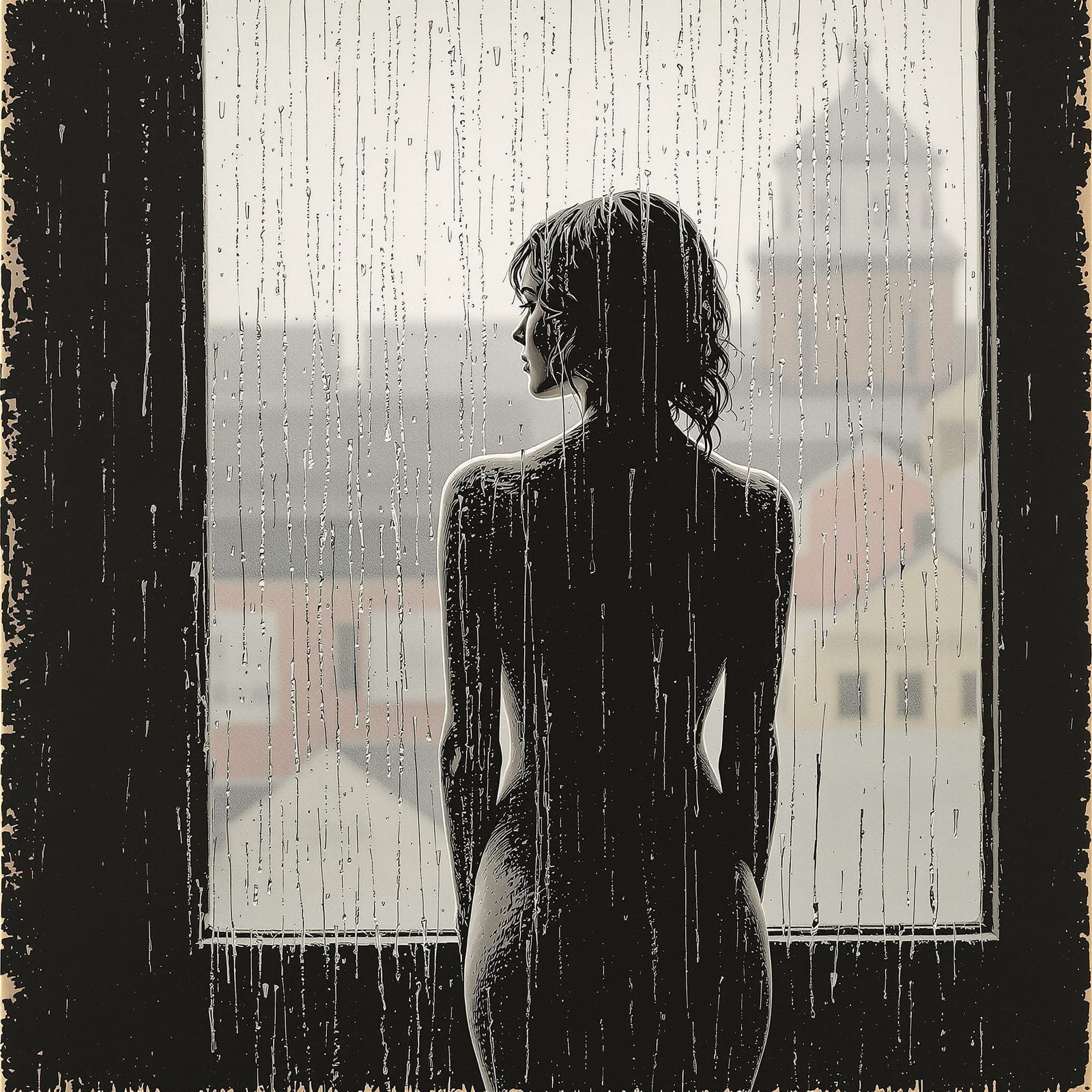 Woman at Window in Rain, Hopper x Manara Style