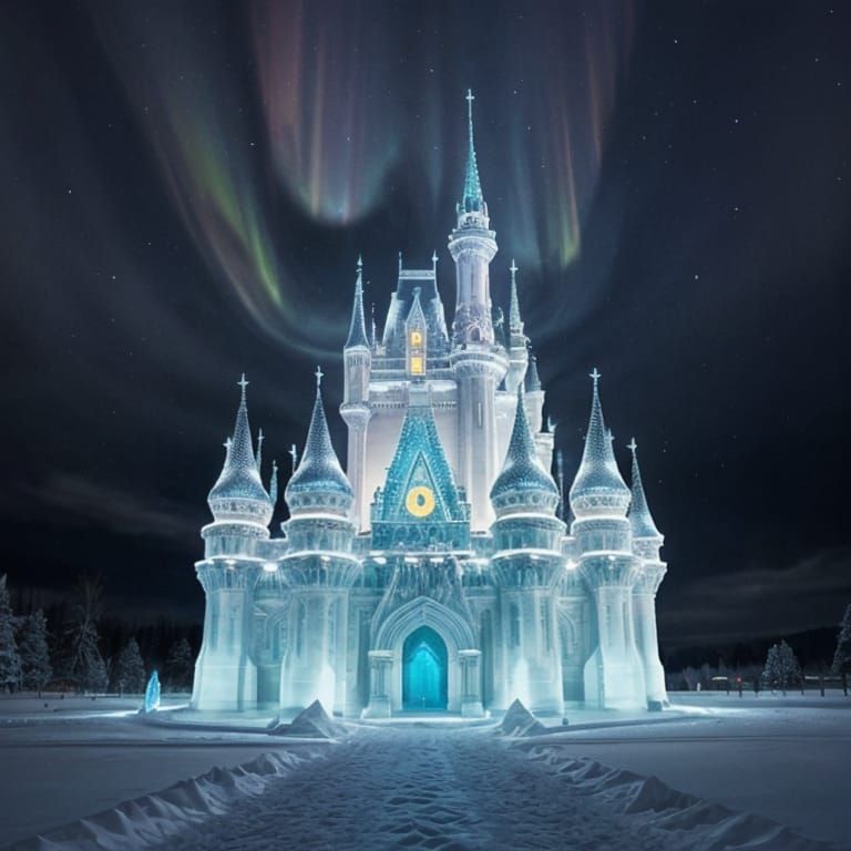 Magical Ice Castle in Snowy Night Landscape