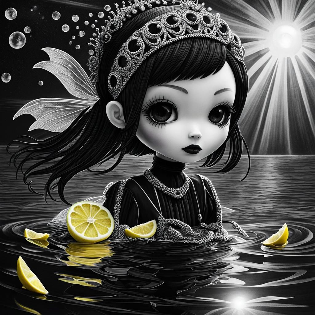 Chibi Goth Woman Swimming in Black Lemonade, Surreal Crayon ...