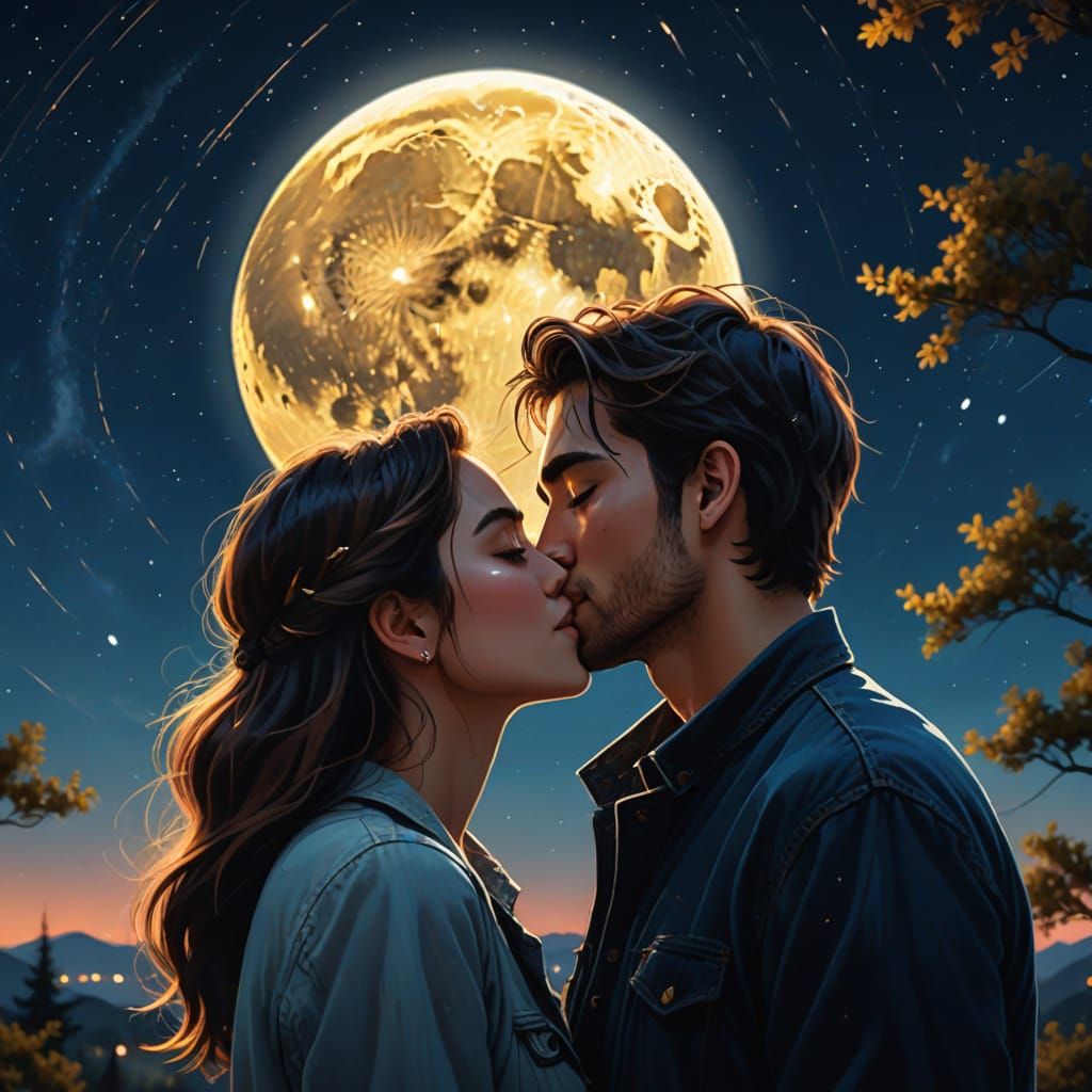 Romantic Kiss Under Moon in Digital Painting Style
