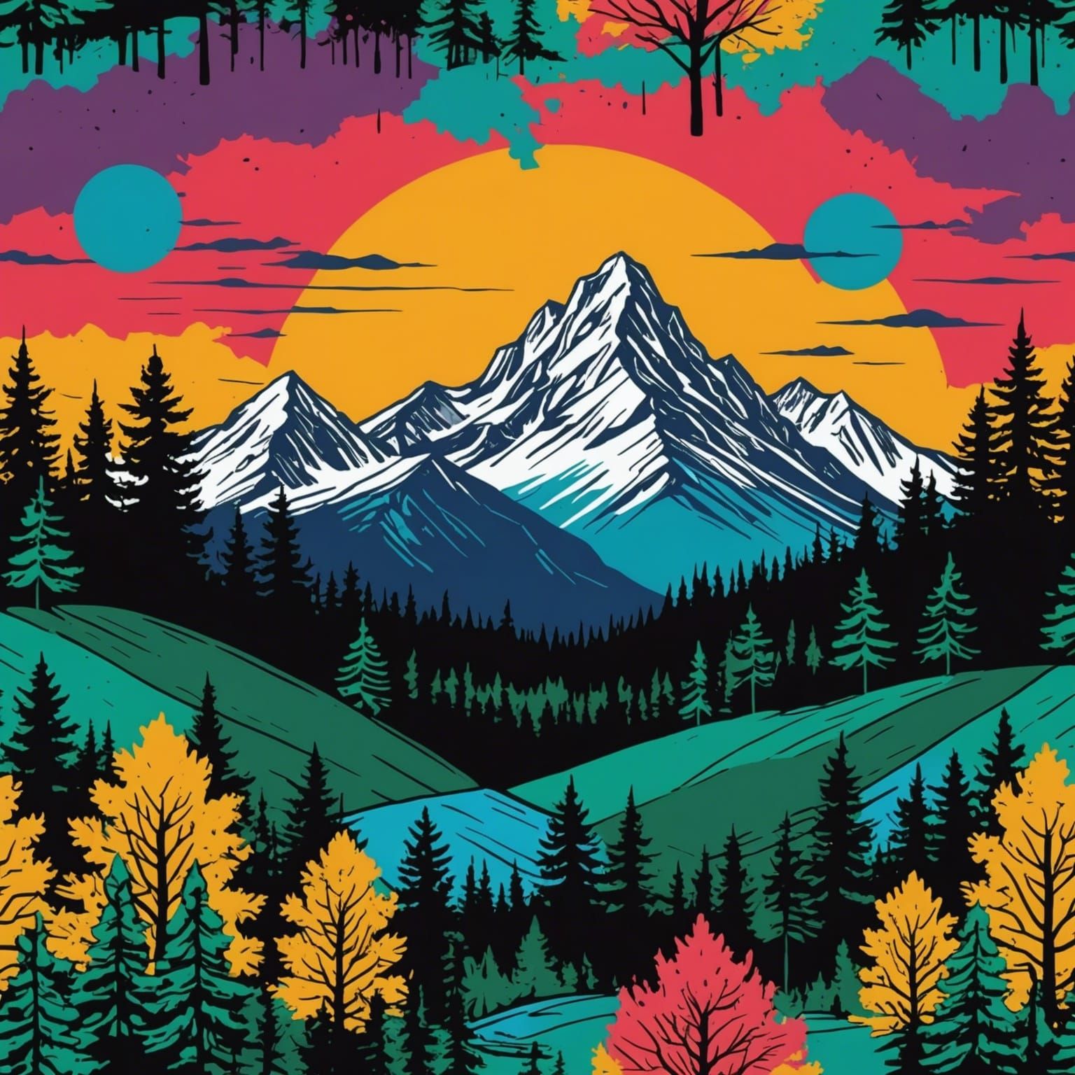 Crayon Art: Mountain Landscape with Trees