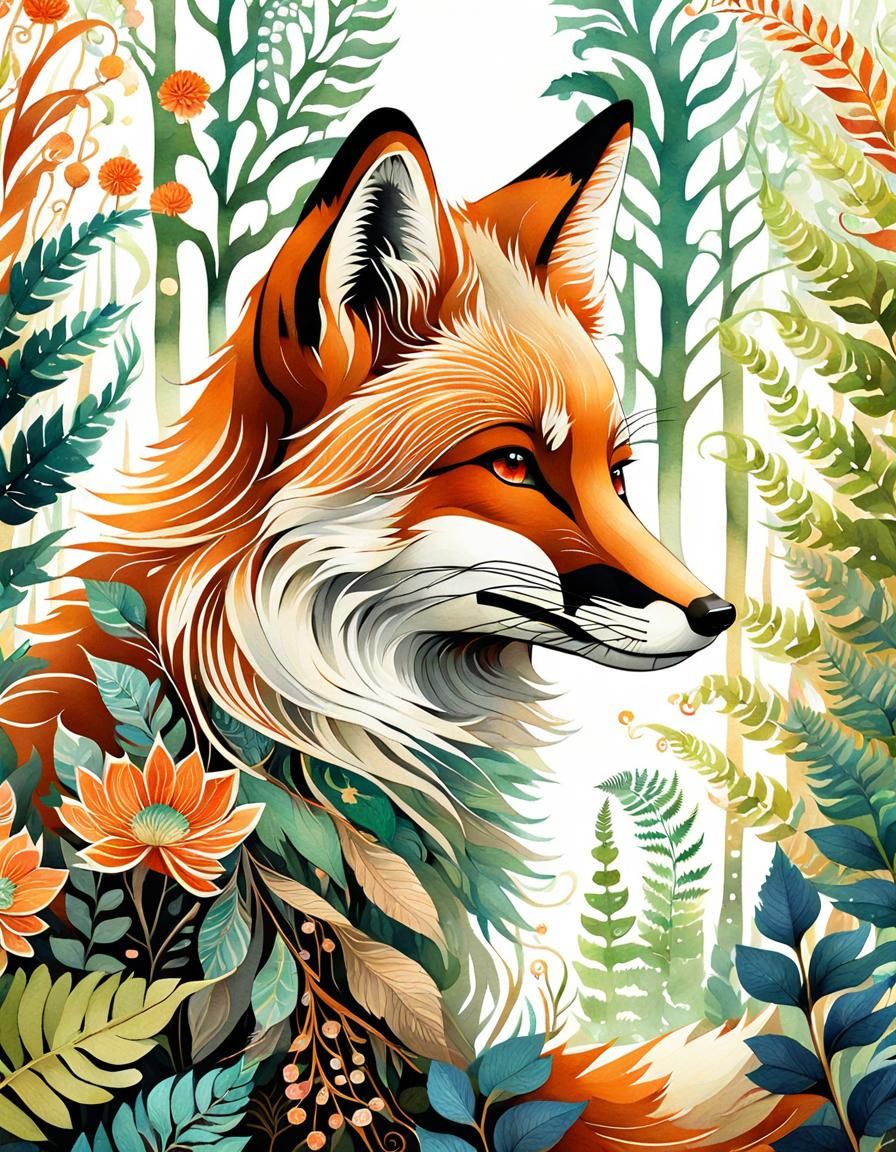 Magical Forest Fox Portrait in Watercolor Style