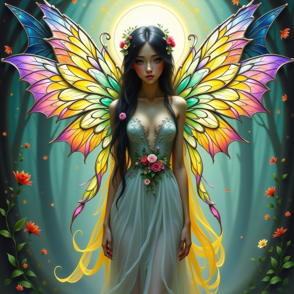 Whimsical Fairy with Iridescent Wings in Dreamlike Style