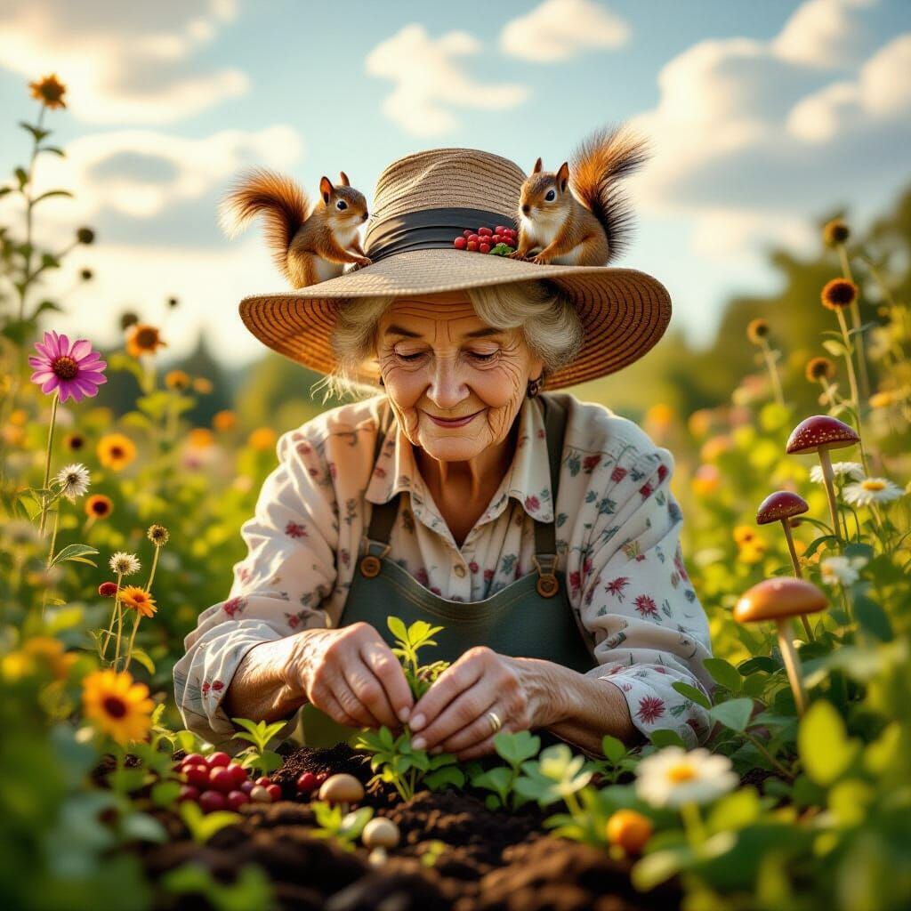 Elderly Woman Tends Magical Garden at Golden Hour