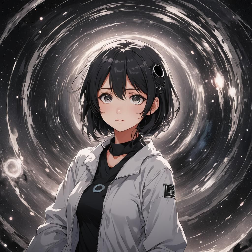 Girl Holding Black Hole in Anime Style