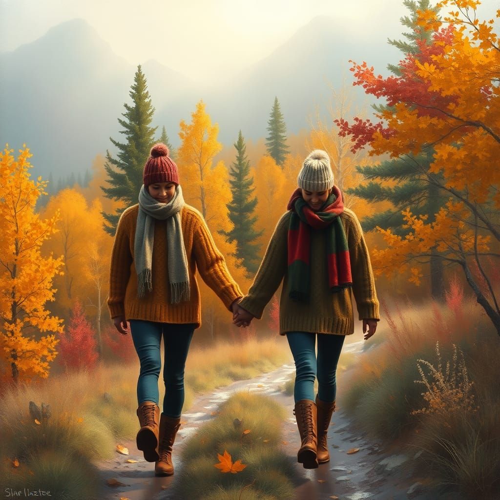 Friends Walking Through Autumn Landscape as Impressionist Pa...