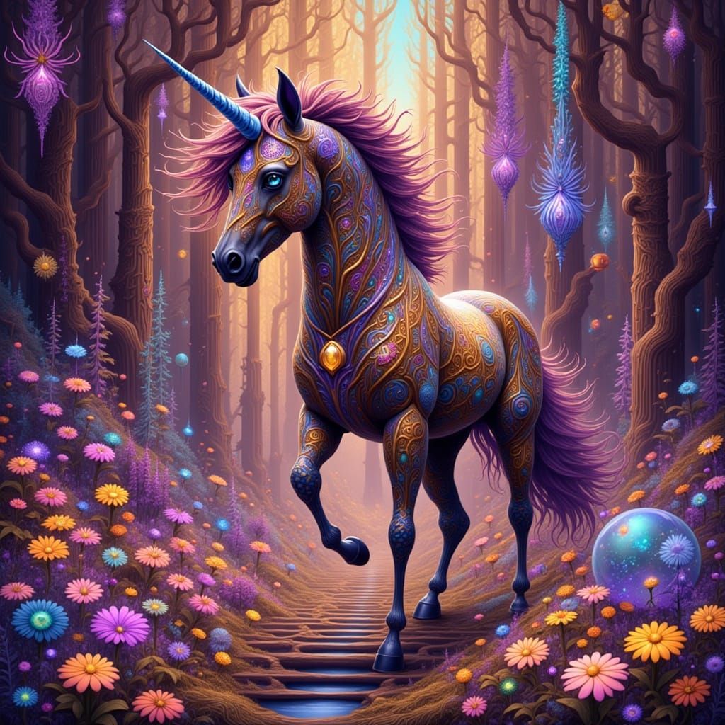 Whimsical Brown Unicorn in Impossible Escher Landscape