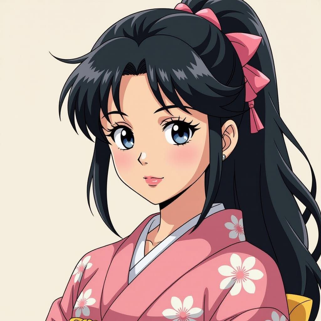 Anime-Style Portrait of Woman in Kimono