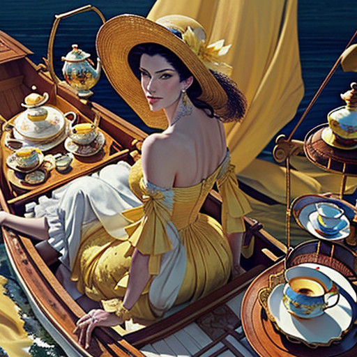 Lady in Yellow Gown Adorns Serene Water Scene