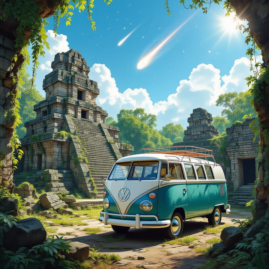 Vintage VW Van at Ancient Mayan Ruins Under Comet Sky