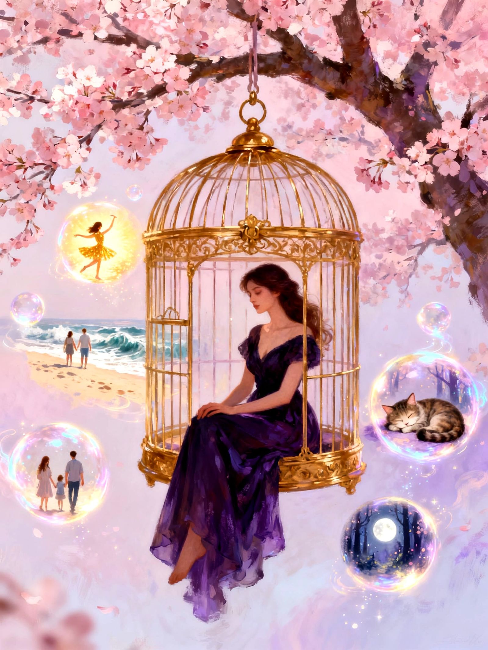 Golden Birdcage with Woman and Memory Orbs
