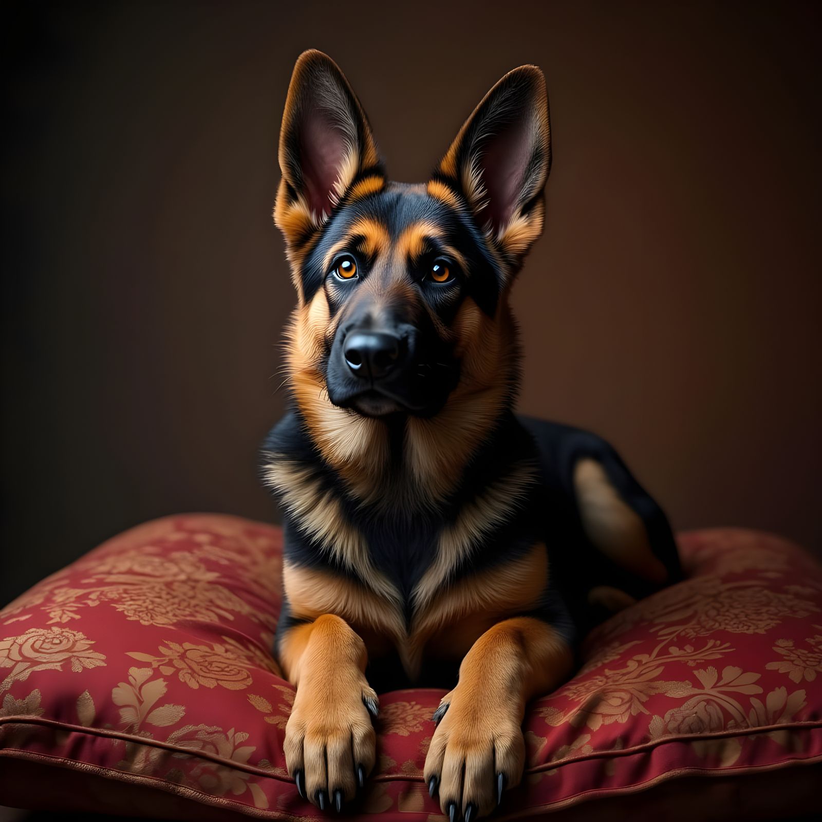 German Shepherd on Brocade Pillow: Hyperrealistic Render
