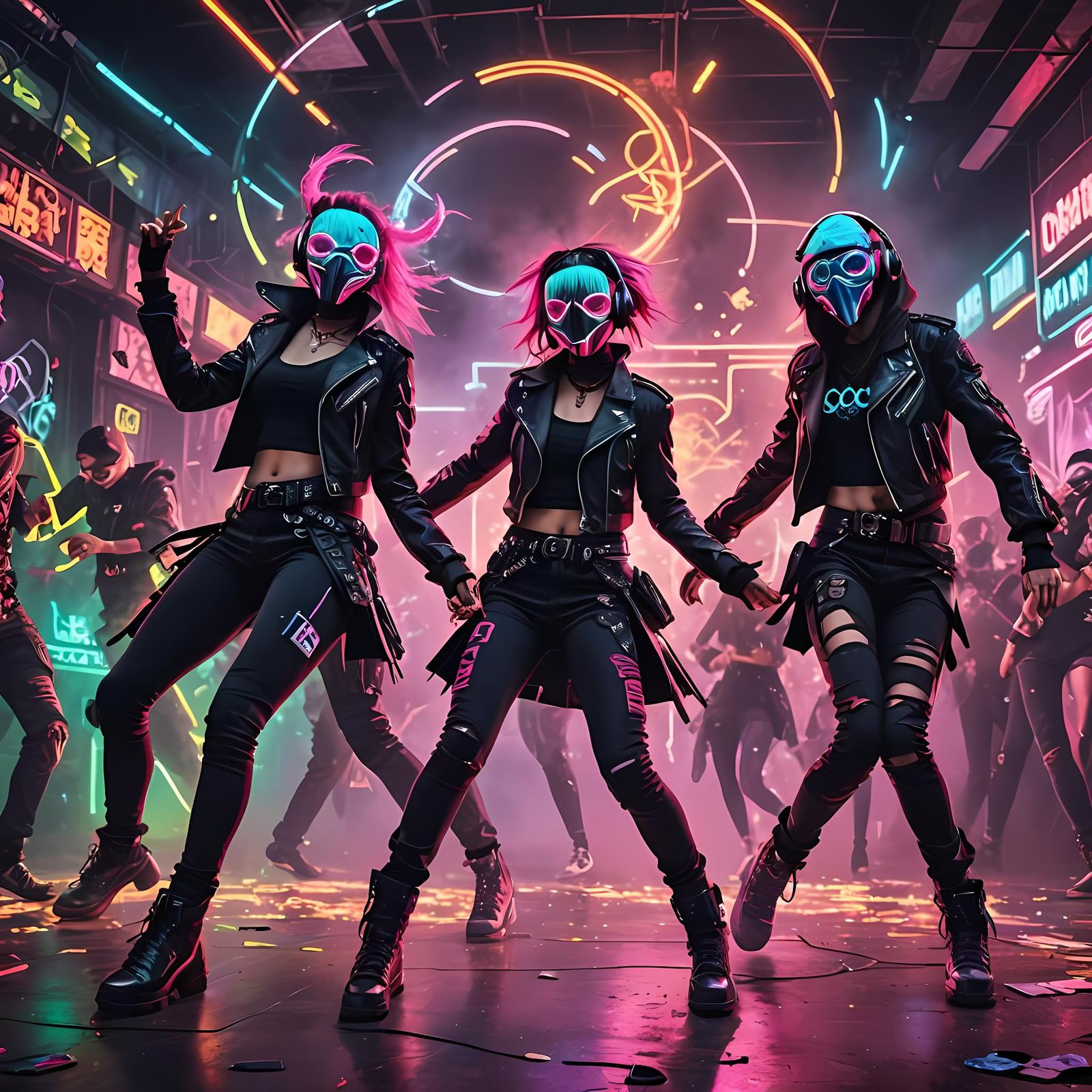 Synchronized Dancers in Neon Dystopian Dreamscape