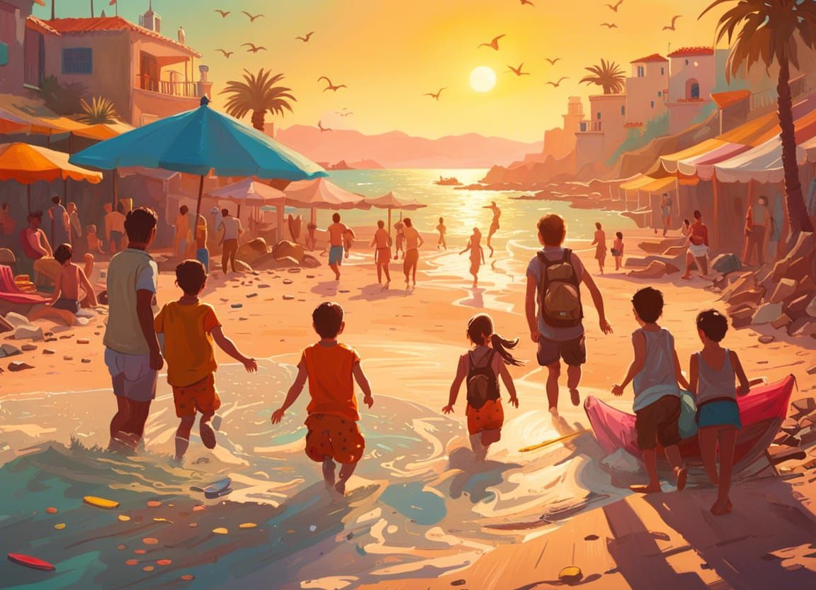 Mediterranean Beach Scene: Hyperrealistic Digital Art