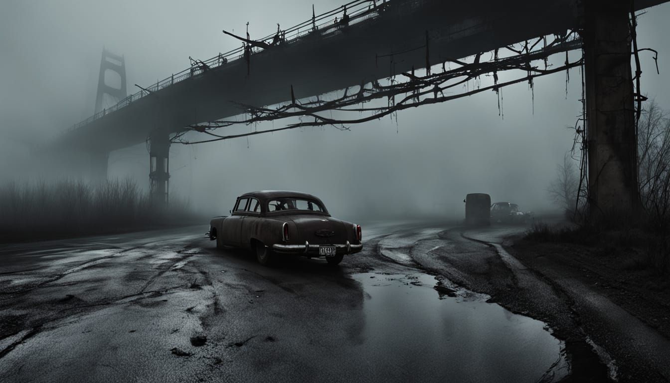 Fractured Bridge in Eerie, Industrial Landscape
