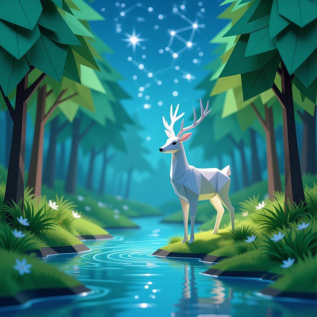 Origami Deer in Starlit Forest Papercraft