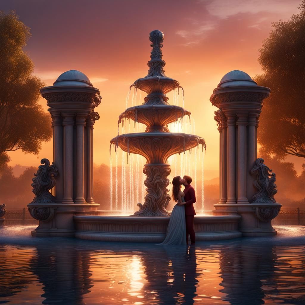 Romantic Sunset Kiss by Water Fountains