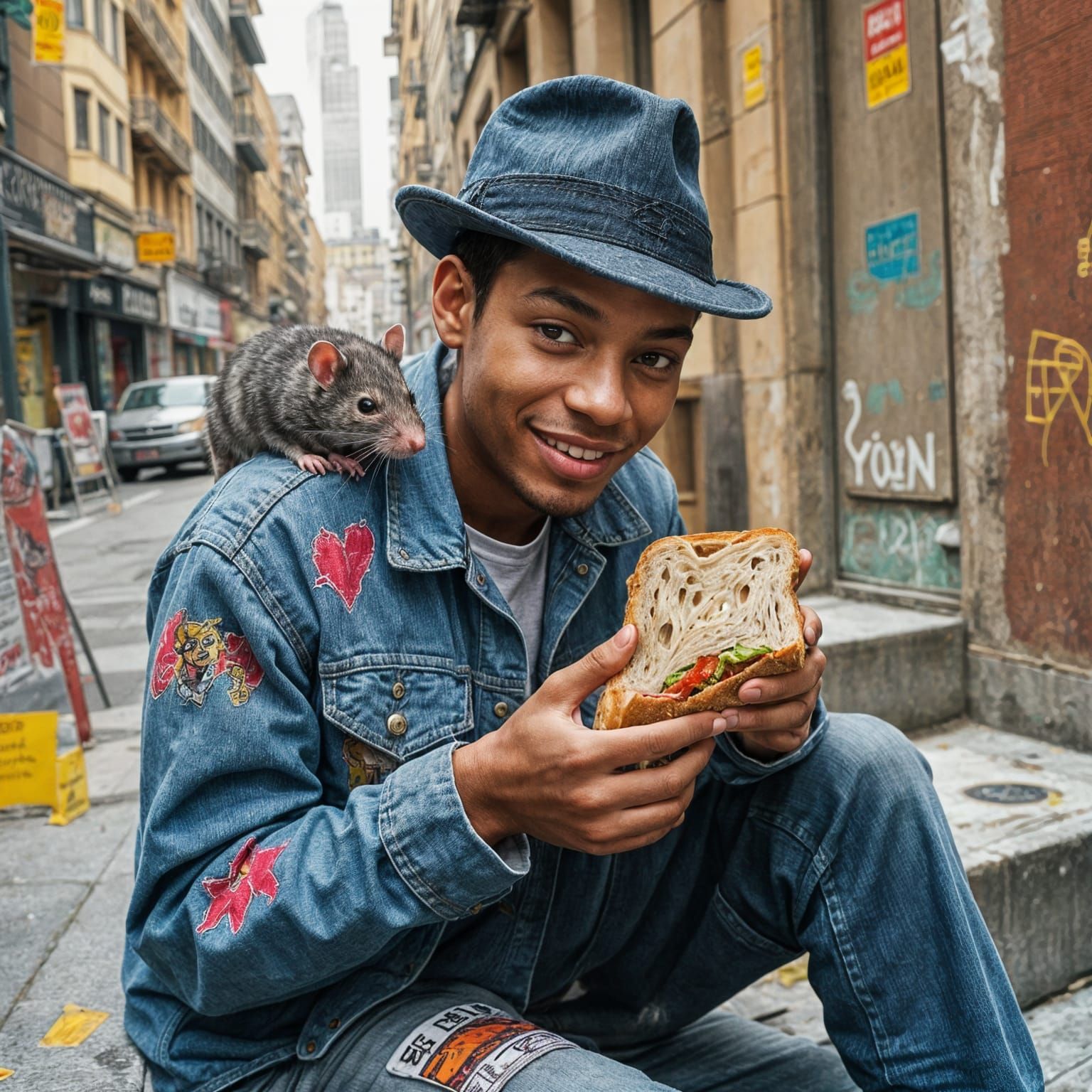 Man and Rat Sharing Sandwich, Basquiat Style