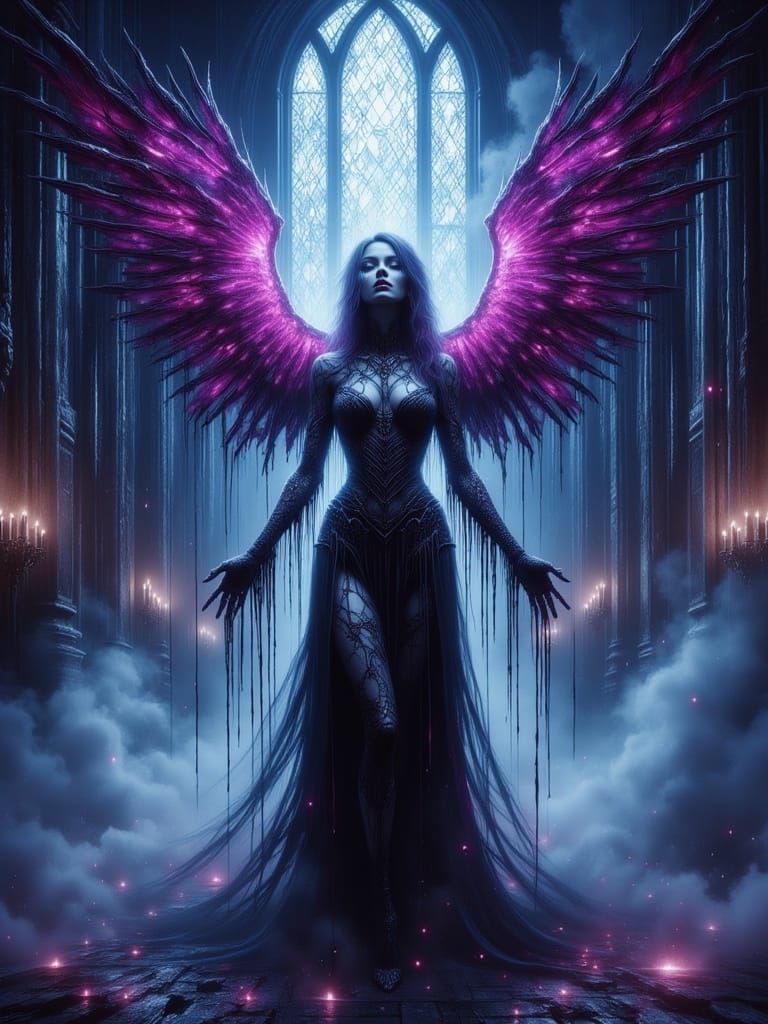 Gothic Angel in Ruined Chapel with Neon Wings