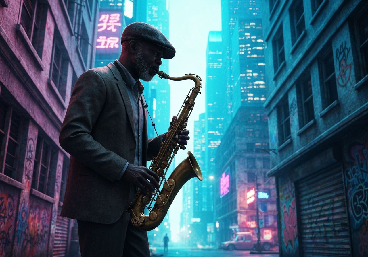 Jazz Musician Silhouetted Against Neon Cityscape