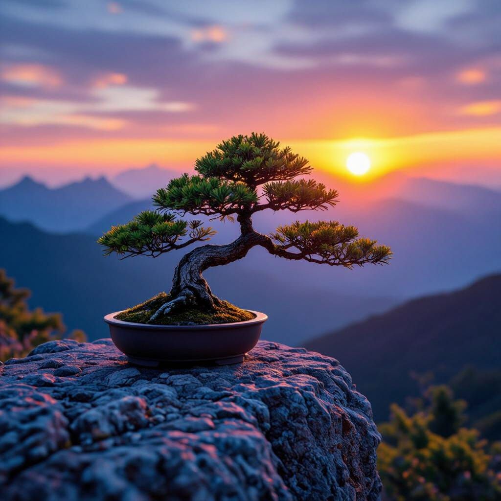 Bonsai Tree on Mountain Rock at Sunset
