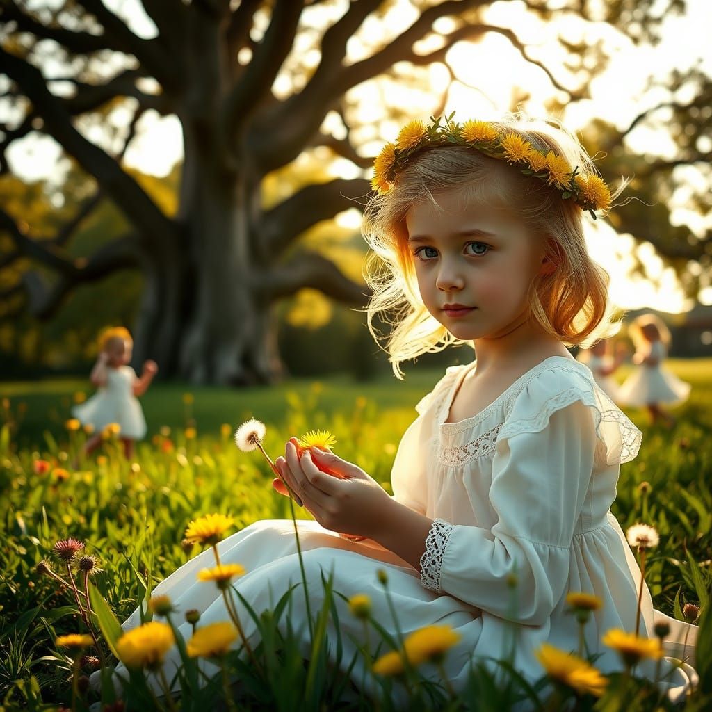 Girl Weaves Dandelion Crown in Enchanted Forest