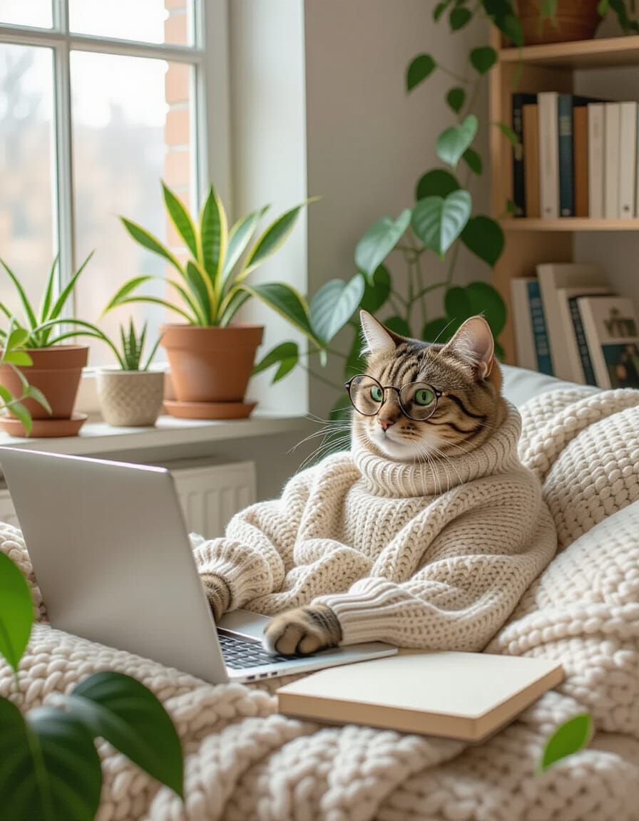 Millennial Cat Lounging in Cozy Workspace, Surreal Style