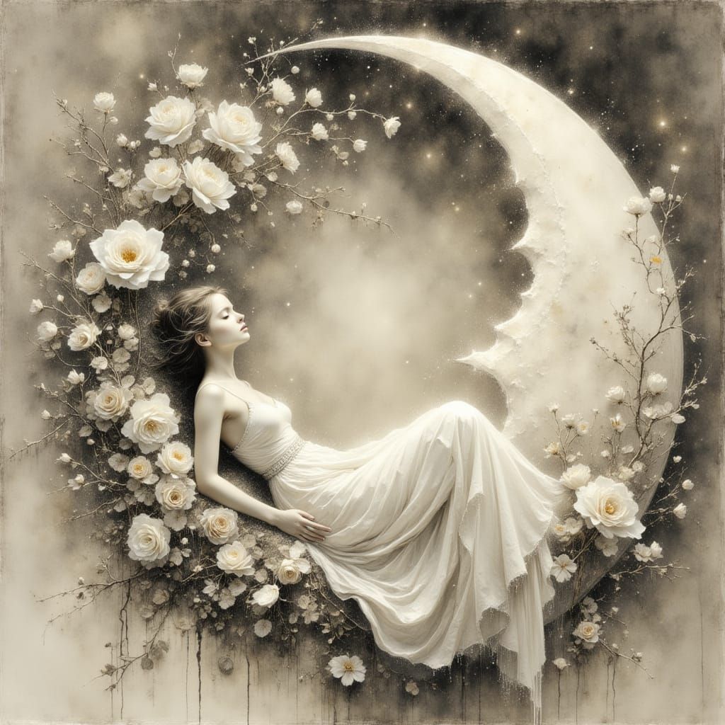 Surreal Illustration of Woman Sleeping on Crescent Moon