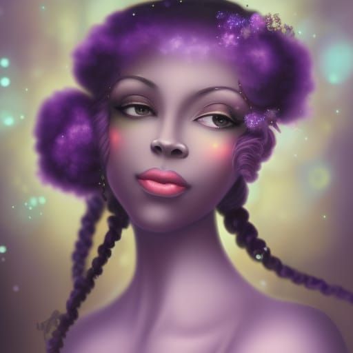 Beautiful African American Gothic good witch with vibrant purple hair& dark brown eyes& purple eyeshadow& purple lipstic...