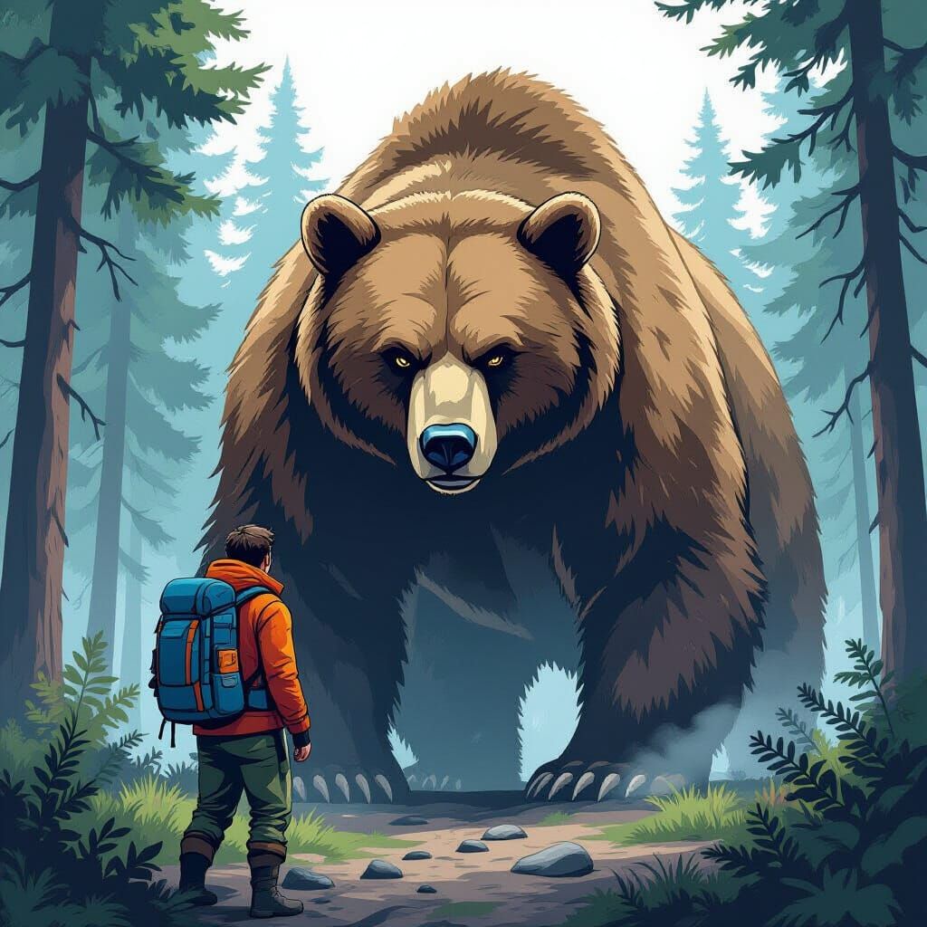 Man Faces Giant Bear in Misty Forest Comic Art