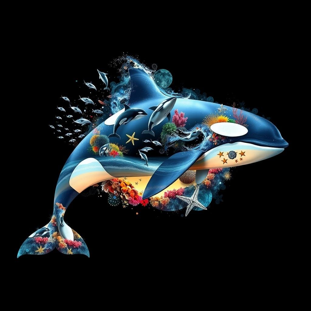 Create a digital hyperrealistic double exposure image depicting the silhouette of a swimming Orca whale in soft, clear C...