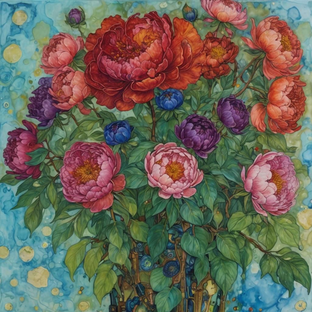 Female Robot with Peonies in Art Nouveau Style