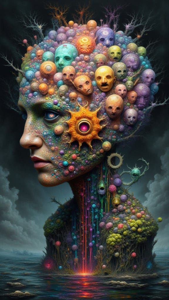 Mindscape of Emotions: Serene Face Amidst Chaotic Feelings