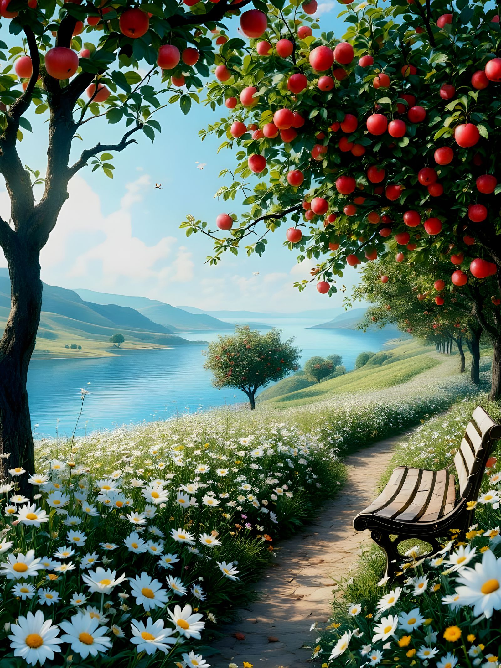 Vibrant Orchard Landscape with Apple Trees and Lake