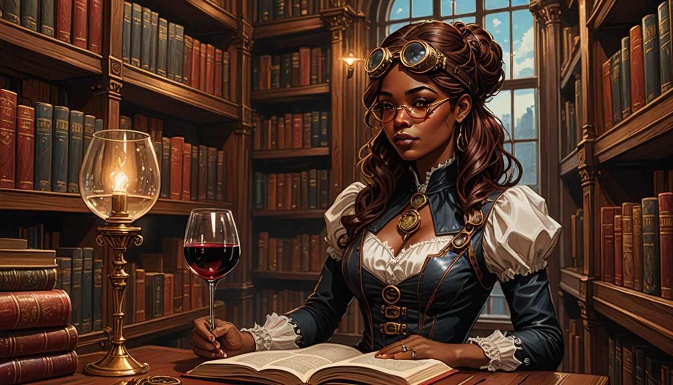 Steampunk Woman Reads in Library, Comic Book Art