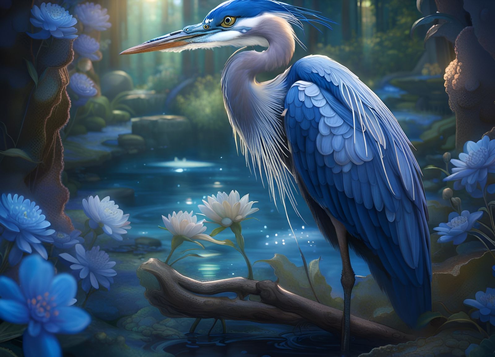 Blue Heron in Iridescent Bayou, Art Nouveau Style