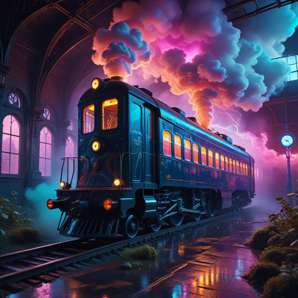 Psychedelic Train in Surrealist Style with Neon Glow