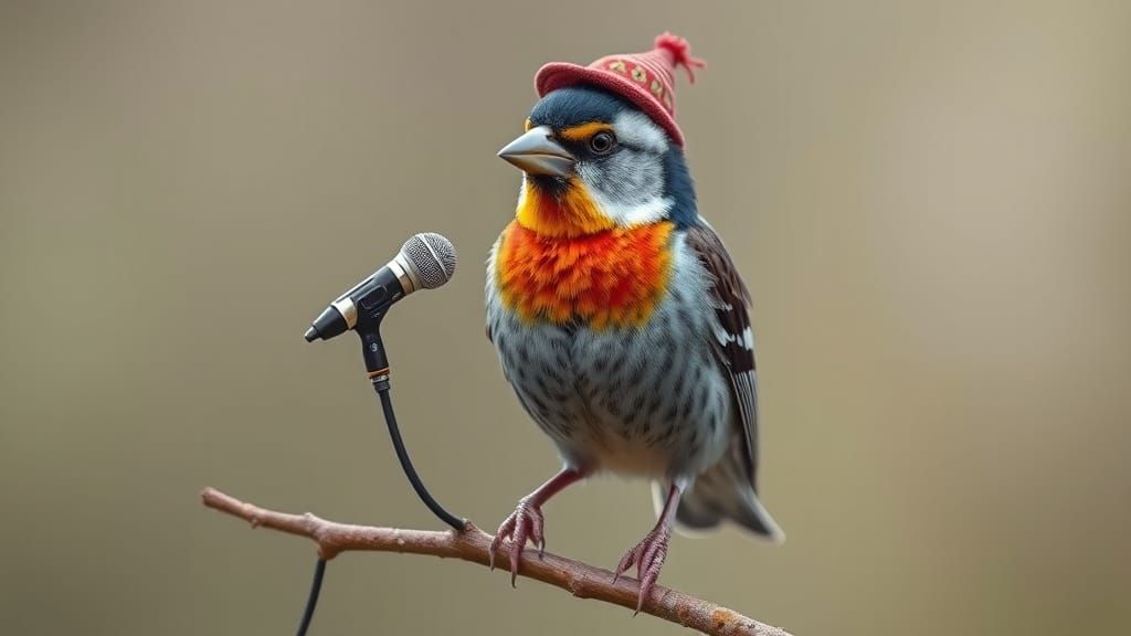 Zebra Finch Singer with Hat and Microphone