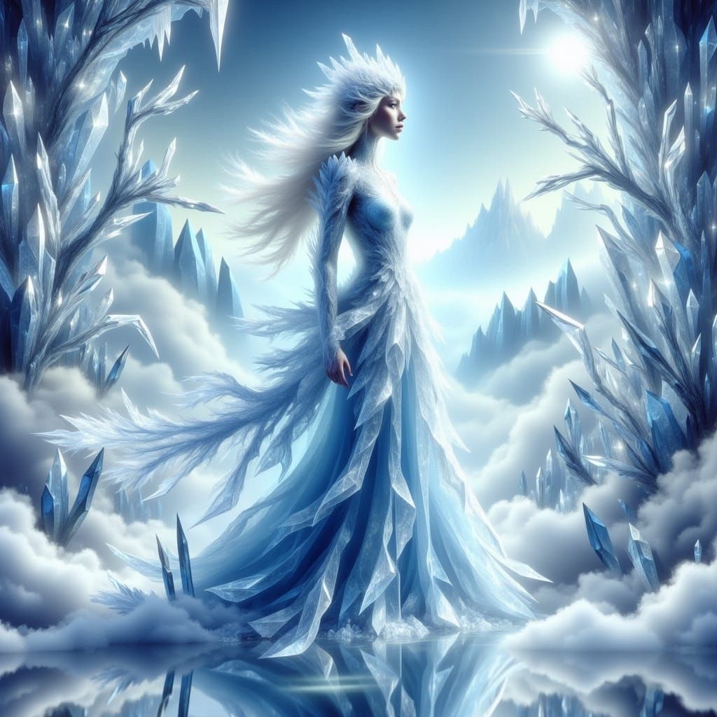 Surreal Snow Queen Reigns Amidst Crystal Forests and Frosty....